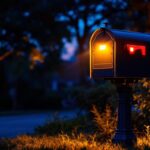 A photograph of a beautifully illuminated mailbox post at dusk