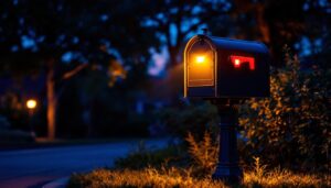 A photograph of a beautifully illuminated mailbox post at dusk