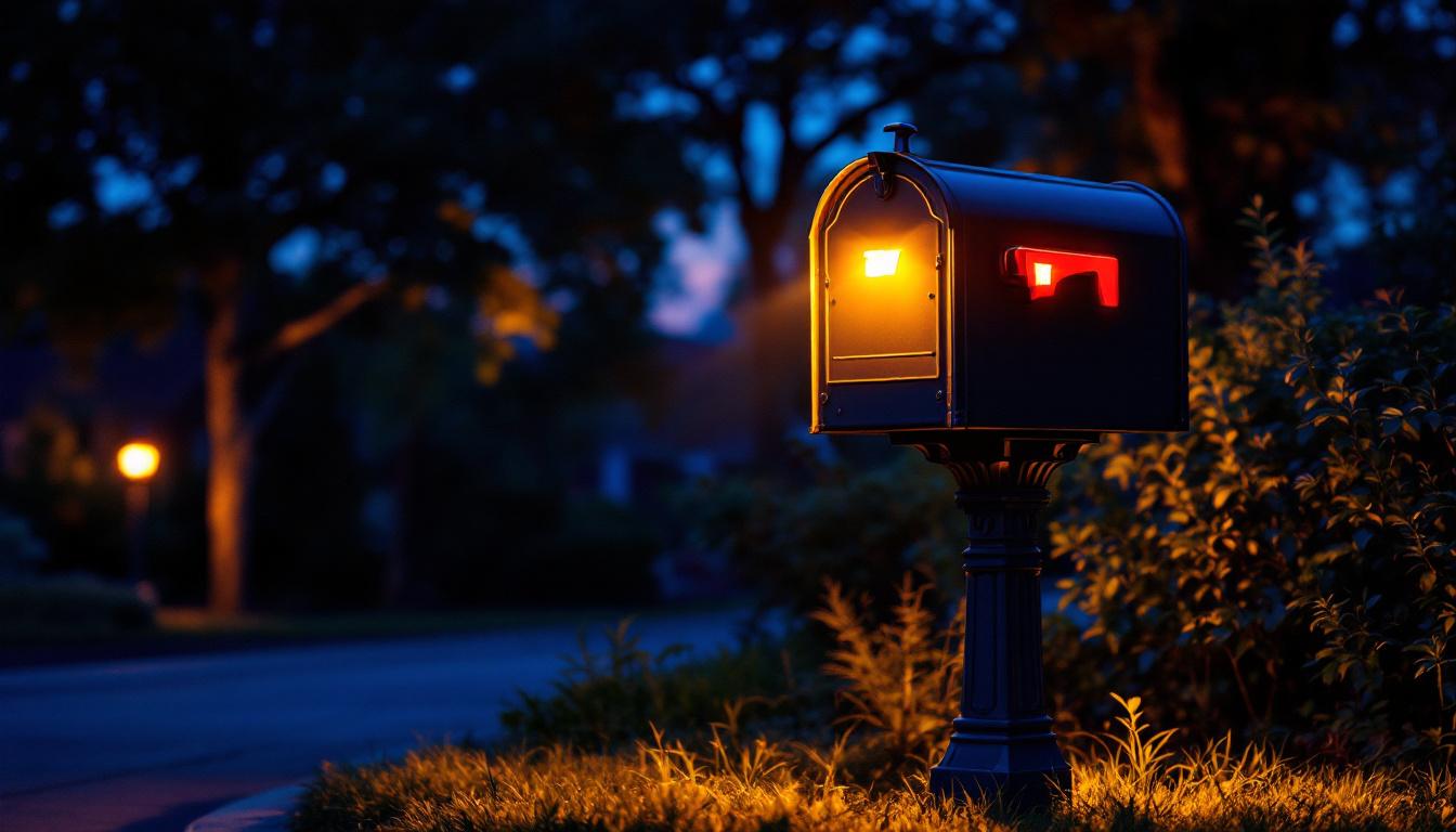 A photograph of a beautifully illuminated mailbox post at dusk
