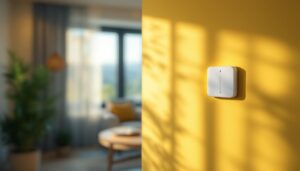 A photograph of a daylight sensor switch installed in a stylish interior setting