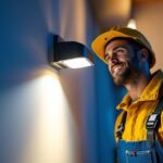 A photograph of a lighting contractor installing a motion-detected light in a residential or commercial setting