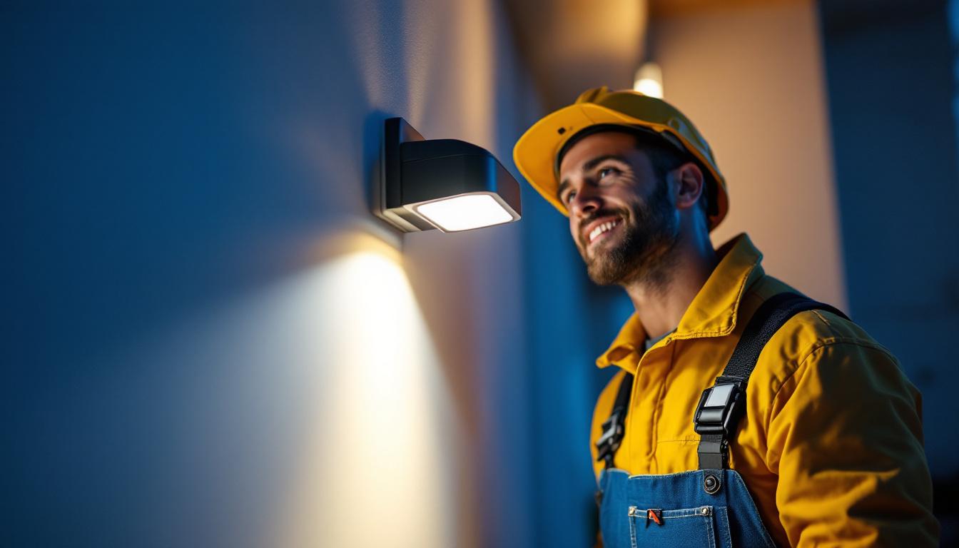 A photograph of a lighting contractor installing a motion-detected light in a residential or commercial setting