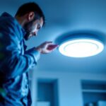 A photograph of a lighting contractor installing a recessed light retrofit kit in a modern home setting
