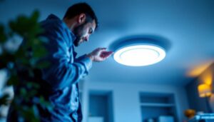 A photograph of a lighting contractor installing a recessed light retrofit kit in a modern home setting