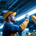 A photograph of a professional lighting contractor expertly installing or adjusting fluorescent lights in a commercial setting