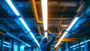 A photograph of a well-lit commercial space featuring sleek strip light fixtures in action