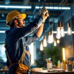 A photograph of a lighting contractor skillfully installing led long light bulbs in a well-lit