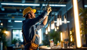A photograph of a lighting contractor skillfully installing led long light bulbs in a well-lit