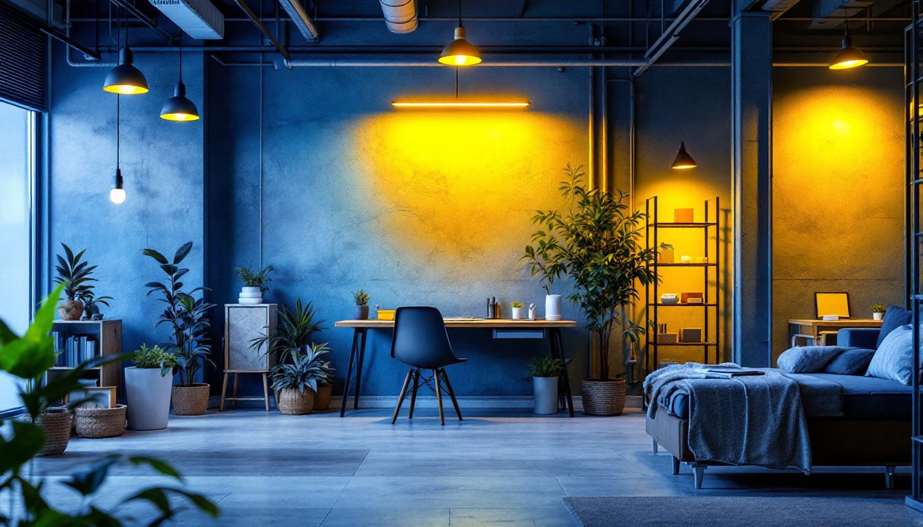 A photograph of an industrial workspace featuring stylish wall lighting installations that highlight energy-efficient designs and showcase the aesthetic appeal of various lighting fixtures in a commercial setting