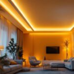 A photograph of a modern living space featuring elegantly installed light strips along the ceiling