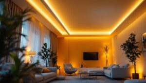 A photograph of a modern living space featuring elegantly installed light strips along the ceiling