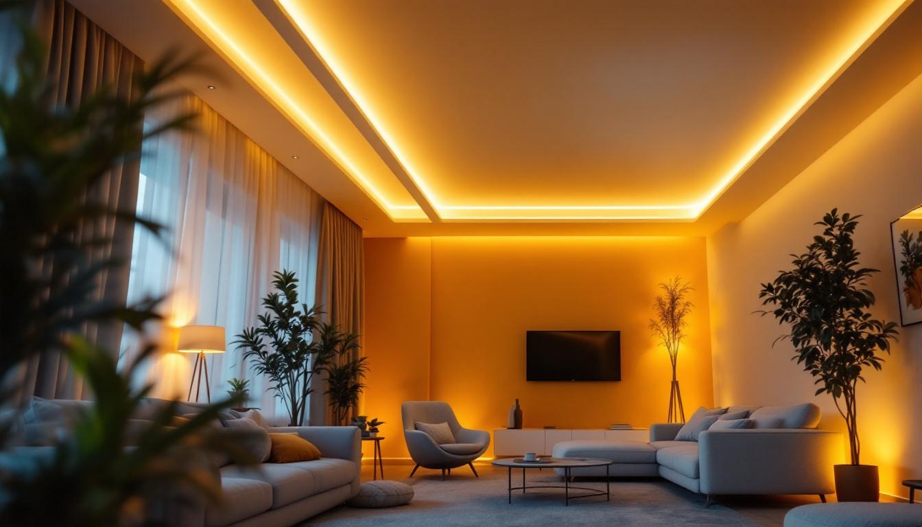 A photograph of a modern living space featuring elegantly installed light strips along the ceiling