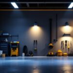 A photograph of a well-lit garage interior showcasing various types of wall lighting installations