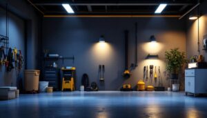 A photograph of a well-lit garage interior showcasing various types of wall lighting installations