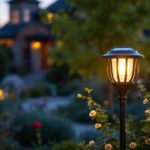 A photograph of a beautifully designed shepherd's hook adorned with a glowing solar light in a picturesque outdoor setting