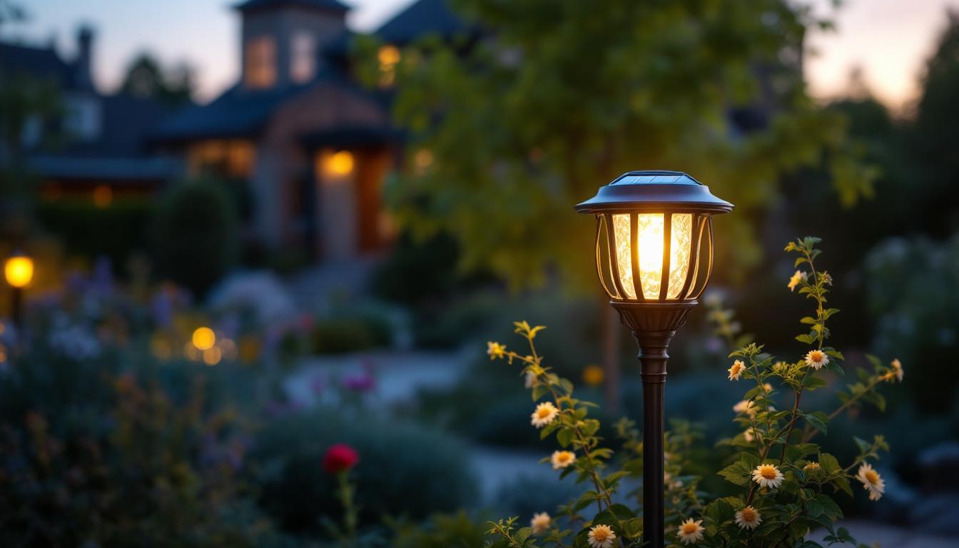 A photograph of a beautifully designed shepherd's hook adorned with a glowing solar light in a picturesque outdoor setting