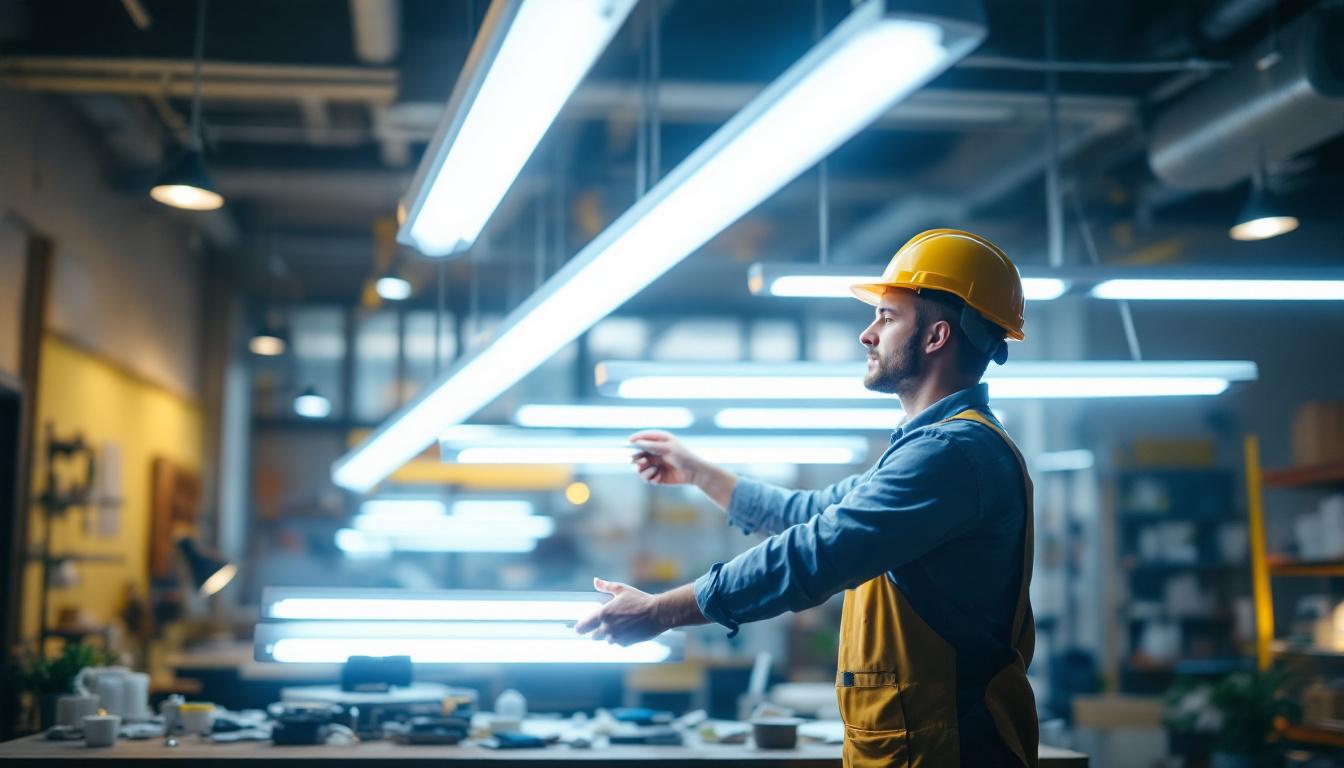 A photograph of a lighting contractor measuring and comparing different sizes of fluorescent lights in a well-lit workspace