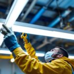 A photograph of a lighting contractor installing or inspecting 4ft led fluorescent bulbs in a commercial space