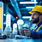 A photograph of a lighting contractor examining a range of fluorescent and led light bulbs in a well-lit workspace