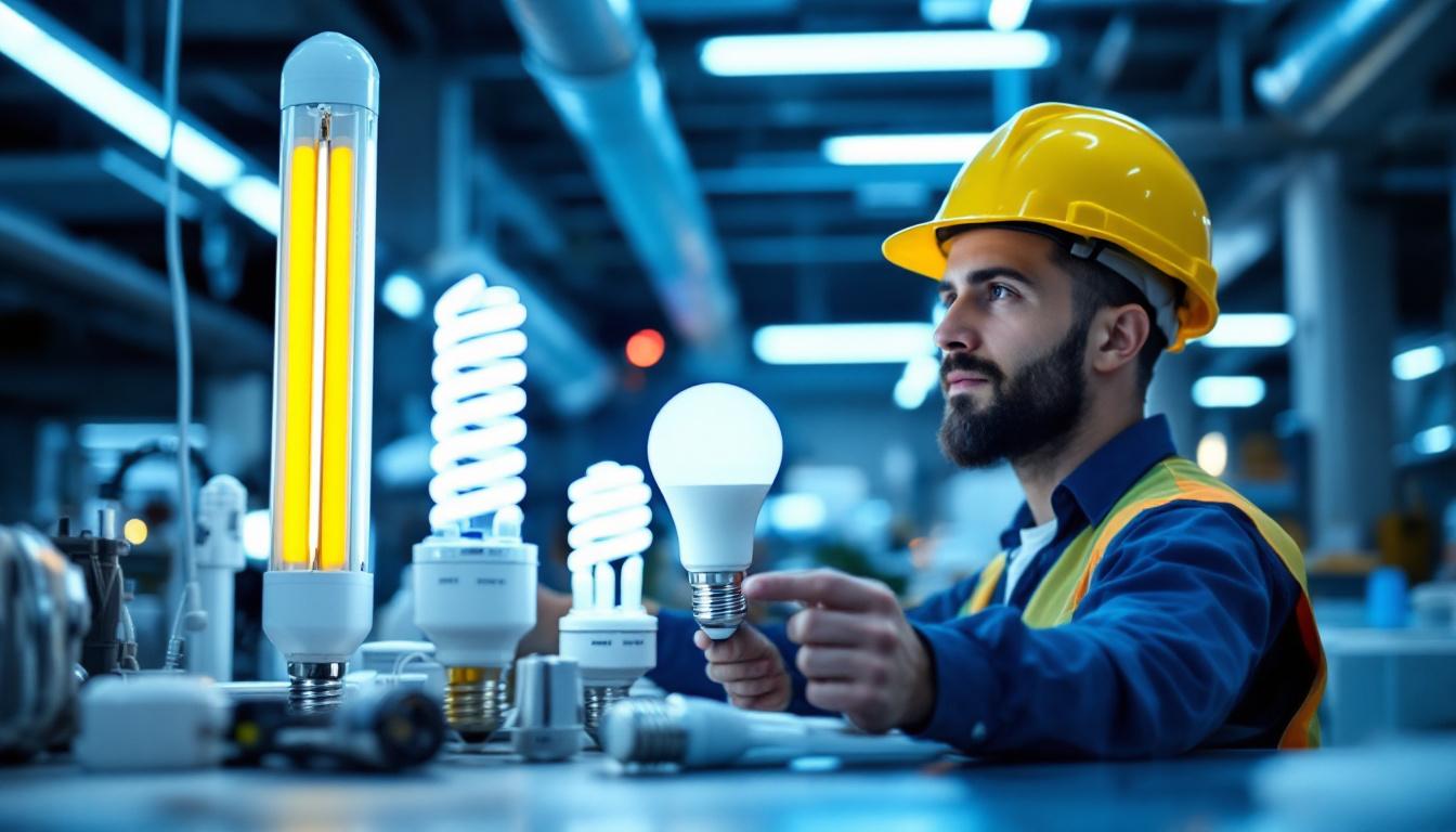 A photograph of a lighting contractor examining a range of fluorescent and led light bulbs in a well-lit workspace