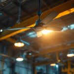 A photograph of a well-lit industrial space featuring a small industrial ceiling fan in action