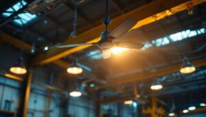 A photograph of a well-lit industrial space featuring a small industrial ceiling fan in action