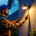 A photograph of a skilled lighting contractor installing an exterior light wall mount on a residential building
