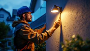 A photograph of a skilled lighting contractor installing an exterior light wall mount on a residential building