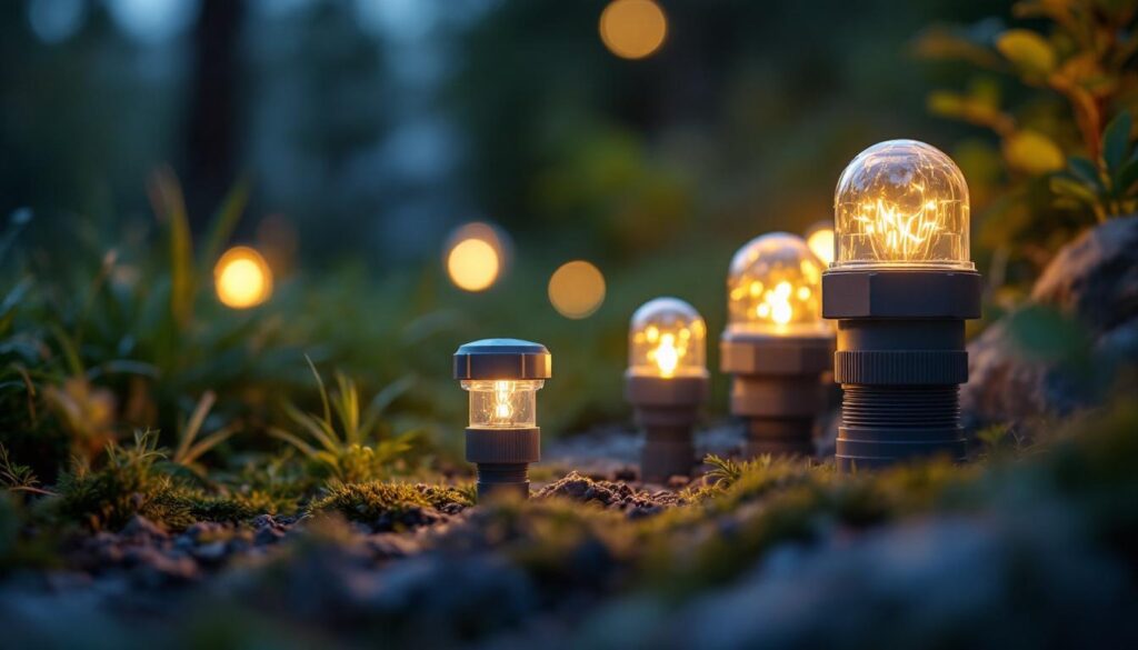 A photograph of a close-up shot of various waterproof landscape lighting connectors in a natural outdoor setting
