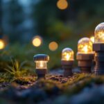 A photograph of a close-up shot of various waterproof landscape lighting connectors in a natural outdoor setting