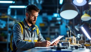 A photograph of a lighting contractor examining various lighting fixtures in a well-lit workspace