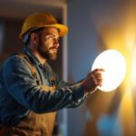 A photograph of a lighting contractor installing wafer lights in a modern home setting