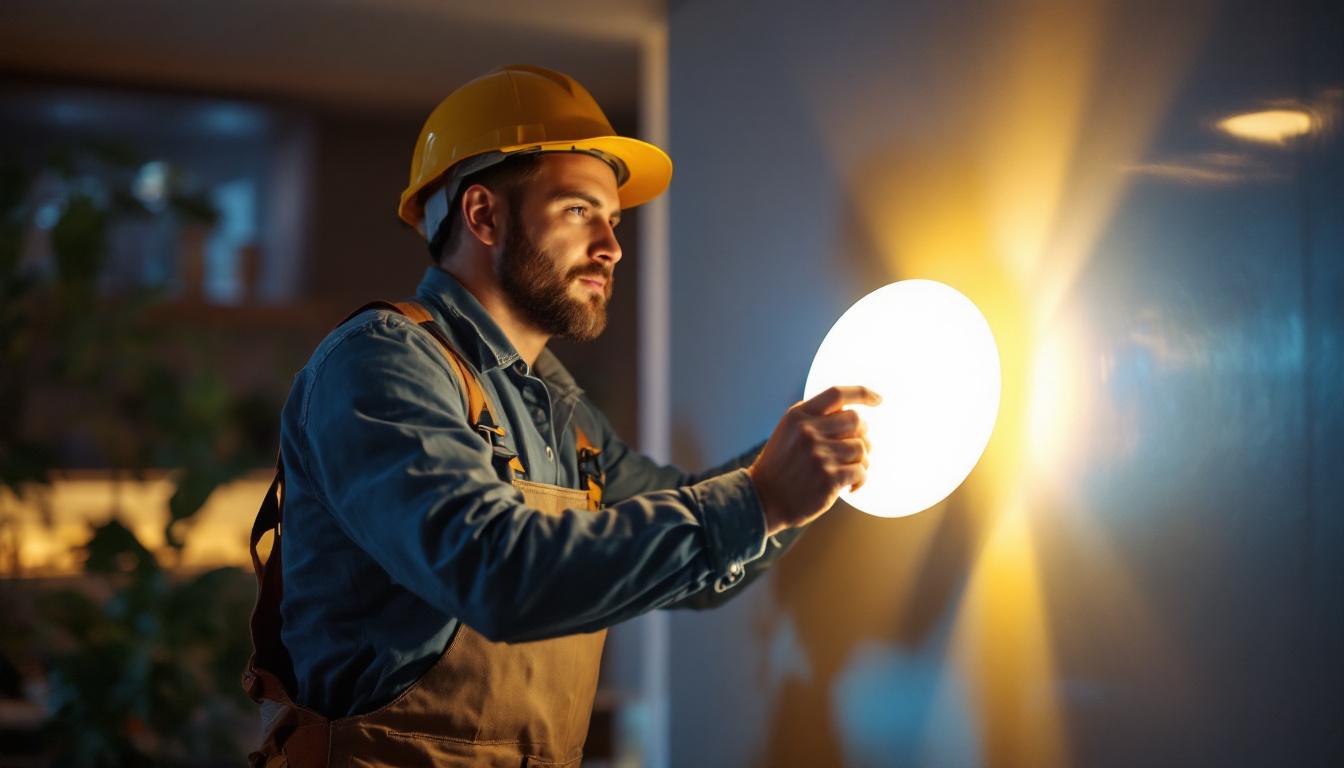A photograph of a lighting contractor installing wafer lights in a modern home setting