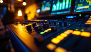 A photograph of a well-designed lighting control panel featuring dimmers in use