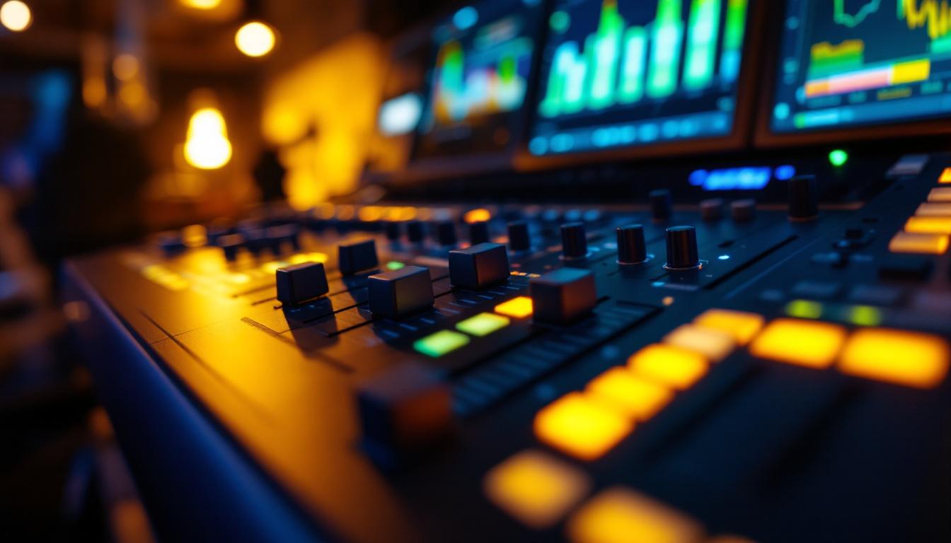 A photograph of a well-designed lighting control panel featuring dimmers in use