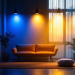 A photograph of a beautifully lit indoor space showcasing a stylish combination of uplighting and downlighting