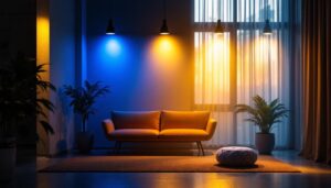 A photograph of a beautifully lit indoor space showcasing a stylish combination of uplighting and downlighting