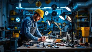 A photograph of a professional lighting contractor in action