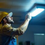 A photograph of a lighting contractor skillfully replacing a fluorescent light fixture with an led alternative in a commercial setting