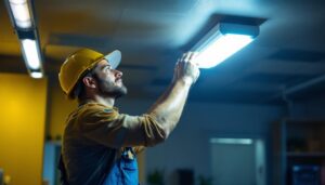 A photograph of a lighting contractor skillfully replacing a fluorescent light fixture with an led alternative in a commercial setting