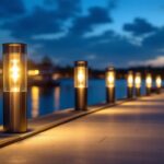 A photograph of a beautifully lit exterior dock scene at dusk