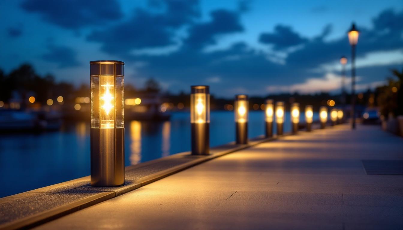 A photograph of a beautifully lit exterior dock scene at dusk