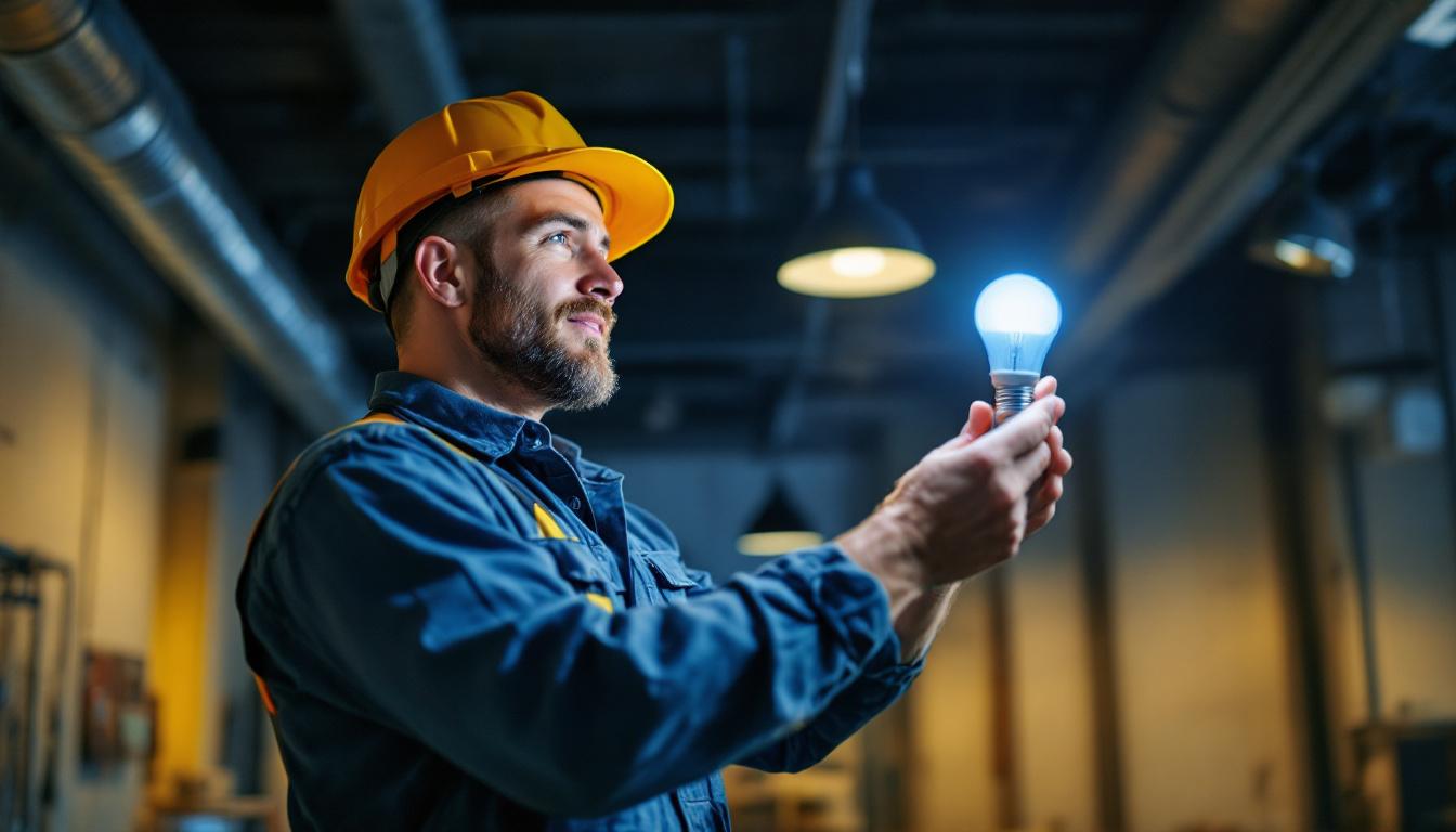 A photograph of a lighting contractor installing the sylvania fo32/841/eco bulb in a commercial setting
