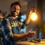 A photograph of a lighting contractor expertly installing a 120v 4w bulb in a stylish residential setting