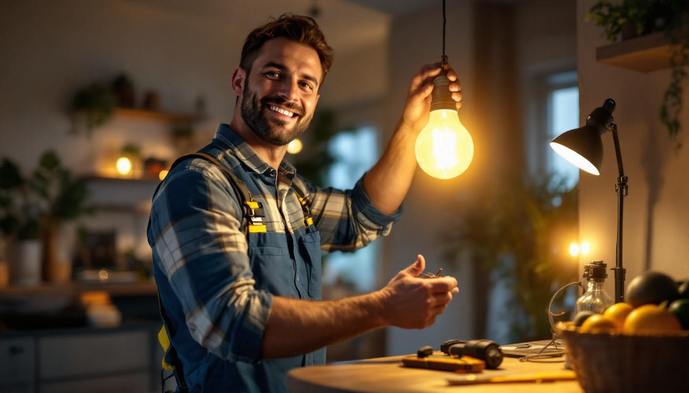 A photograph of a lighting contractor expertly installing a 120v 4w bulb in a stylish residential setting