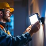A photograph of a lighting contractor expertly installing a high-quality led cam light in a residential or commercial setting
