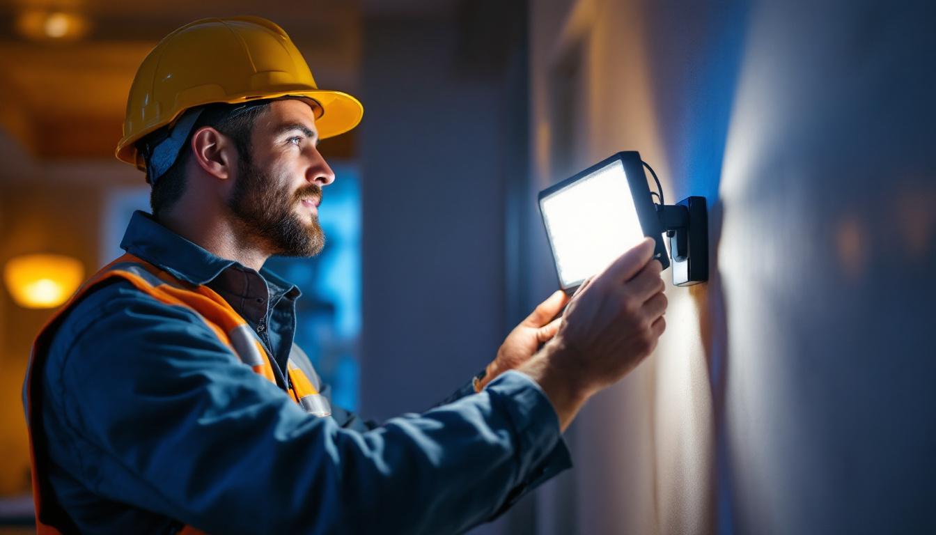 A photograph of a lighting contractor expertly installing a high-quality led cam light in a residential or commercial setting