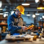 A photograph of a lighting contractor measuring lumens in a well-lit workspace