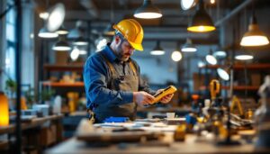 A photograph of a lighting contractor measuring lumens in a well-lit workspace