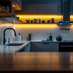 A photograph of a sleek kitchen featuring modern 120v under cabinet led lighting